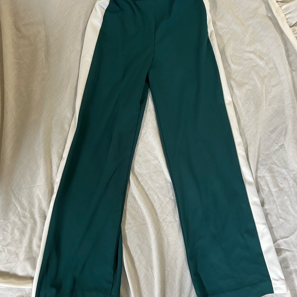 Green Wide-Leg Pants with White Side Stripes